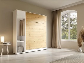 Łóżko chowane w szafie pionowe 160 x 200 cm - 1 kolumna do przechowywania - Z lustrem i oświetleniem LED - Białe i naturalne - RAPILI