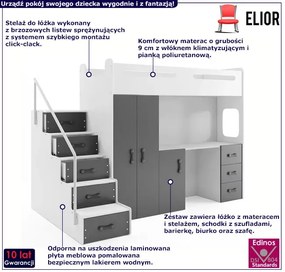 Szafa z łóżkiem i biurkiem pod spodem dla dzieci Awos - Biało grafitowa