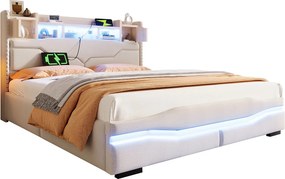 Łóżko tapicerowane z pojemnikiem - 160 x 200 cm - z USB-C + diodami LED - zagłówek ze schowkiem - len + płyta MDF - beż