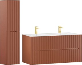 Podwieszana szafka łazienkowa z  wbudowaną umywalką, kranem i słupkiem - Strié terracotta - 120 cm - PAVANI