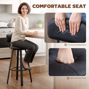 HOMCOM 2 szt. krzeseł barowych, obicie z ekoskóry, tapicerowane siedzisko, podnóżek, oparcie, metalowa rama, czarne | Aosom PL