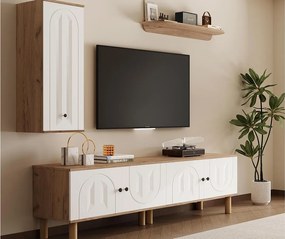 Zestaw ścienny pod TV 3-częściowy - Szafa pod TV, witryna i półka - 5 drzwi - Nogi z litego drewna - Biały + naturalny