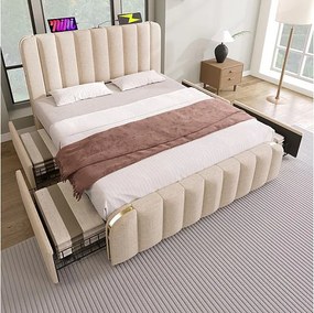 Podwójne łóżko 160x200cm w beżowym lnie, z 4 szufladami + USB i Typ C, max. obciążenie 200 kg (bez materaca)