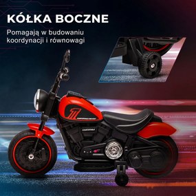 HOMCOM Elektryczny motocykl dla dzieci z reflektorem, demontowalne koła boczne, 76x42x57 cm, Czerwony/Czarny