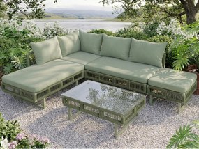 Salon ogrodowy - 4 osoby - kanapa narożna - z żelaza ocynkowanego - 1 stolik kawowy ze szkła hartowanego - podnóżek - zdobienie plecione - Zielony