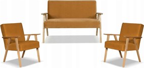 Zestaw mebli PRL retro SOLER sofa fotele Family Meble miodowy welur Hunter
