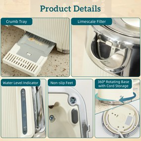 HOMCOM 2200 W, 1,7 l czajnik z funkcją szybkiego gotowania, filtrem przeciwkamiennym i 4-kromkowym tosterem z 7 stopniami zarumienienia, kremowo-biały | Aosom PL