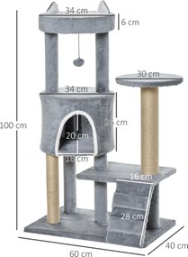 6 PawHut drapak do ostrzenia pazurów z jaskinią i drabinką 100cm wysokość drzewko do wspinaczki dla kotów w kolorze szarym | Aosom PL