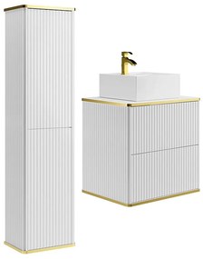 Podwieszana szafka łazienkowa prążkowana z kwadratową umywalką nablatową i słupkiem - Biała - 60 cm - KELIZA