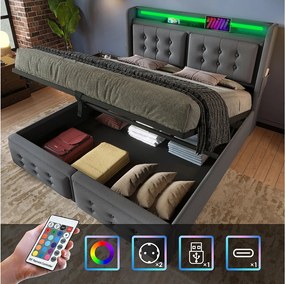 Łóżko z pojemnikiem 180 x 200 cm z zagłówkiem LED, gniazdem USB typu C - Tkanina bawełniana - Szary (bez materaca)