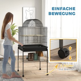 PawHut Mobilna klatka dla kanarków i falistych, z dolną półką, metalowa siatka, Czarna