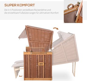 Outsunny Leżak 2-osobowy z daszkiem, uchwyty na napoje, PE-rattan, jasny brąz, 118x79x150cm | Aosom PL