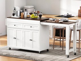 Wyspa kuchenna - z 4 drzwiami i 2 szufladami - rozsuwany blat - z kółkami - 180,5×45×92,2 cm - Biały + Brązowy
