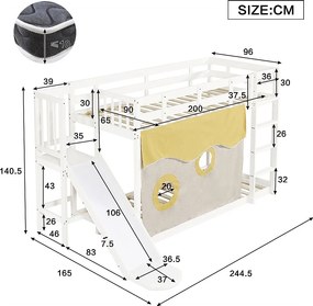 Łóżko piętrowe drewniane - 2 x 90 x 200 cm - ze schodami i barierkami + zasłonka + zjeżdżalnia - MDF + sosna - białe