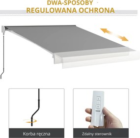 Outsunny Markiza, elektryczna/ręczna wysuwana, pełna kasetonowa, pilot zdalnego sterowania, rama aluminiowa, 3 x 2,5 m, Jasnoszary