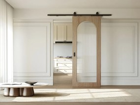 Drzwi przesuwne naścienne z drewna i płyty MDF - łuk z karbowanego szkła hartowanego - W205 x S83 cm - ODEZA