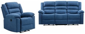Kanapa 3 osobowa i fotel z funkcją relax elektryczny z niebieską tapicerką - BUROLO
