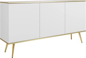 Komoda ORO K-160 nowoczesna 160 cm szeroka, biała, 2 drzwi, 2 szuflady, Push-to-Open, złote metalowe nogi 23 cm, laminat 16 mm