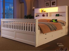 Łóżko małżeńskie 160x200 cm - Z 4 szufladami - Wezgłowie z miejscem do przechowywania - Oświetlenie LED i port USB - MDF - Biały​ (bez materaca)