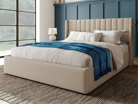 Łóżko tapicerowane 180x200cm z lnu z stelażem na listwach - Beżowe