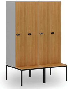 Drewniana szafa ubraniowa S4 z ławką, 2-drzwiowa, 1871 x 600 x 500/800 mm, demontaż, zamek mechaniczny z kodem, szary/brzoza
