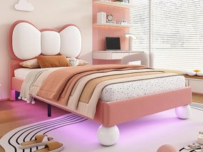 Tapicerowane łóżko dziecięce 90x200 cm - zagłówek w kształcie kokardy - z LED - z stelażem na listwach - Aksamit - Beżowe + Różowe