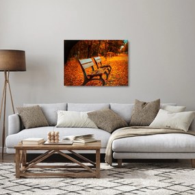 Obraz na szkle - ławka jesienią (70x50 cm)