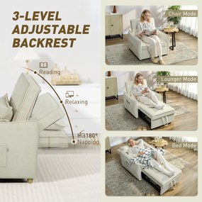 HOMCOM Fotel rozkładany 3 w 1 z funkcją łóżka i poduszką lędźwiową do salonu kremowy | Aosom PL