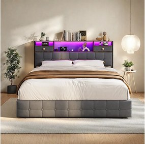 Łóżko z pojemnikiem hydraulicznym z oświetleniem LED - 140 x 200 cm - Port ładowania USB i 2 szuflady - Aksamit - Szary
