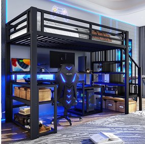 Łóżko piętrowe dla dzieci - 90 x 200 cm - rama żeliwna - z półką + drabinka + diody LED + biurko + port USB - metalowe - czarne