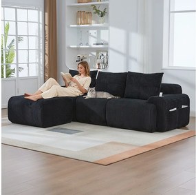 Sofa modułowa 3-osobowa - 268 x 174 x 80 cm - z 1 pufem + uchwytem na kubek + kieszenią do przechowywania - aksamitna - czarna
