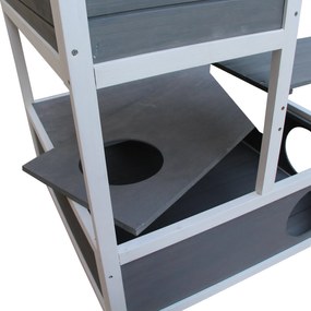 PawHut Domek dla Kota 4-poziomowy z Toaletą, Balkon, Dach Asfaltowy, Drewno, Szary, 78 x 76 x 140 cm