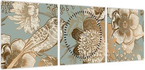 Obraz złotych kwiatów (z zegarem) (90x30 cm)