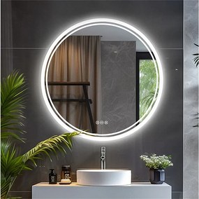 Okrągłe lustro łazienkowe LED, lustro ścienne z powłoką antyparową i 3 regulowanymi kolorami, 80x80 cm