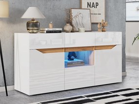 Błyszczący bufet 140×40×70 cm - 4 szuflady i 2 drzwi - z oświetleniem LED - biały + naturalny