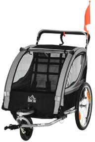 HOMCOM Przyczepka rowerowa dla dzieci, wózek do pchania, z hamulcami, składana, na 2 dzieci, Szary/Czarny