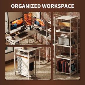 HOMCOM L-kształtne biurko narożne z zintegrowanym gniazdkiem, stojakiem na monitor i półką na przechowywanie, biały