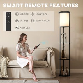 HOMCOM Lampa stojąca z 3 półkami, okrągły design, pilot zdalnego sterowania, włącznik nożny, regulowana temperatura barwowa, do salonu, Czarny