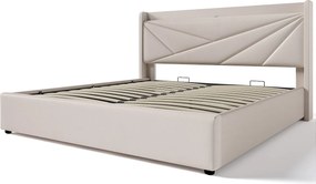 Łóżko 160x200cm z tkaniny lnianej - z portem USB i stelażem na listwy - Beżowe