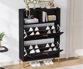 Szafa na buty 80x25x117 cm - z 2 drzwiczkami uchylnymi - z 2 półotwartymi półkami - MDF + Metal - Czarny