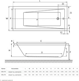 Wanna prostokątna mała 120 x 70 cm biała do zabudowy ELEGA MINI