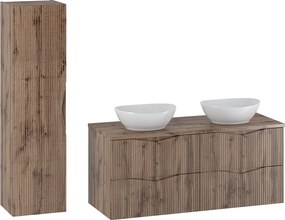 Zestaw do Łazienki 120cm Szafka Blat Umywalka Słupek Ryflowane Fronty Dąb Wotan Cleo