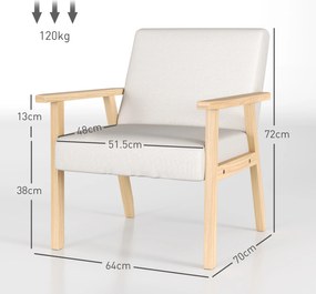 HOMCOM Fotel tapicerowany z podłokietnikami, krzesło do jadalni w wyglądzie lnu, rama z litego drewna, 64 x 70 x 72 cm, kremowy