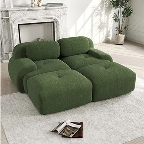 Modułowa sofa welur prążkowany - 2-osobowa - z 2 poduszkami i 2 pufami - spód antypoślizgowy - 208x178x70cm - Zielony