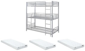 Łóżko piętrowe trójpoziomowe - 3 × 90 × 190 cm - metal - kolor srebrny z materacami w zestawie - ELOUAN III