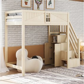 Łóżko piętrowe dla dzieci - 90 x 200 cm - ze schodami do przechowywania + okno + szafa - drewno + płyta MDF - naturalne