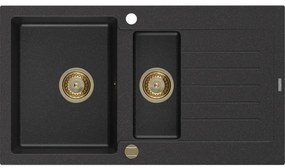 Mexen Matias zlewozmywak granitowy 1,5-komorowy z ociekaczem 900 x 505 mm, czarny/srebrny metalik, syfon złoty - 6502901505-73-G