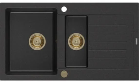 Mexen Matias zlewozmywak granitowy 1,5-komorowy z ociekaczem 900 x 505 mm, czarny/srebrny metalik, syfon złoty - 6502901505-73-G