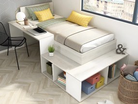 Łóżko piętrowe 90 x 200 cm  ze skrzynią i i biurkiem - Naturalny i biały + Stelaż - RIGALI