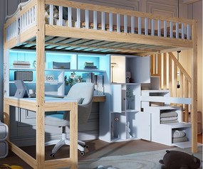 Łóżko piętrowe 140×200 cm - z oświetleniem LED - ze schodami ze schowkiem - z półkami - z biurkiem - Białe + Naturalne (materac nie jest zawarty)